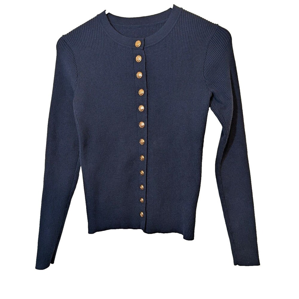 Commense Button Down Skinny Knit Top Navy Blue Classic Size XS